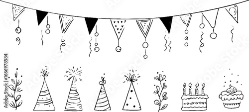 Festive hand drawn decorative banner with balloons and party elements for celebrations