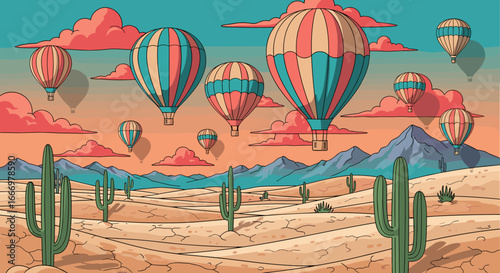 Hot Air Balloons Ascend Over Desert Landscape at Sunset