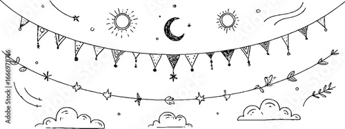 Hand drawn decorative banners with crescent and stars - ideal for party or event design