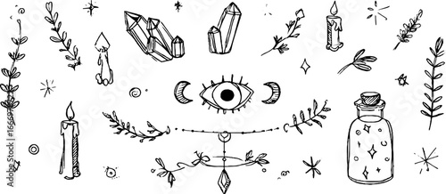 Mystical hand drawn banner with crystal clusters, candles, and decorative elements