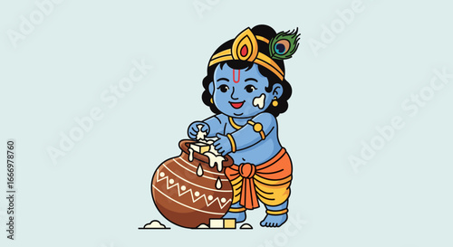 Cute baby Krishna eating butter from a pot