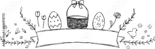 Hand drawn decorative easter banner with eggs and floral elements