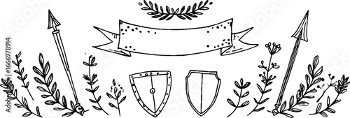 Vintage laurel crown decorative banner with shields and arrows - hand drawn design for invitations and posters