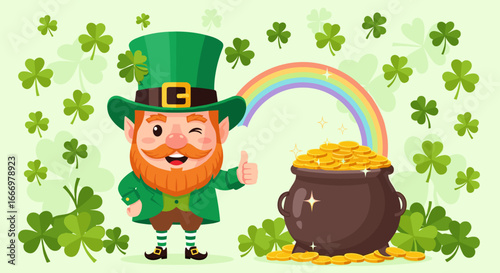 Lucky Irish Leprechaun with Pot of Gold and Rainbow