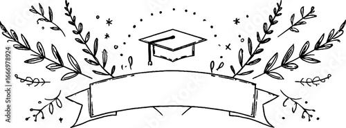 Hand drawn decorative graduation banner with leafy laurels for celebratory design