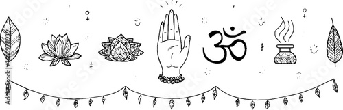 Decorative lotus banner with hand and spiritual symbols for meditation design
