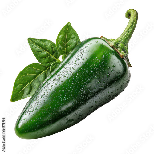 Fresh green jalapeno pepper with water droplets isolated on transparent background © ArtOm@r98