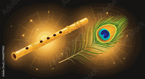 Mystical Golden Flute and Peacock Feather Glowing with Light