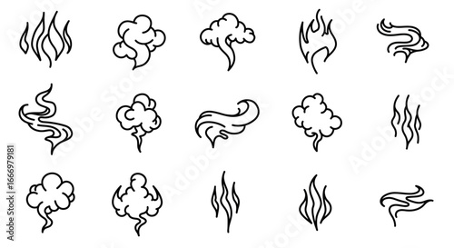 Collection of Simple Black and White Hand Drawn Stylized Smoke and Fire Icons Representing Various Forms of Vapors and Flames Suitable for Design Projects	