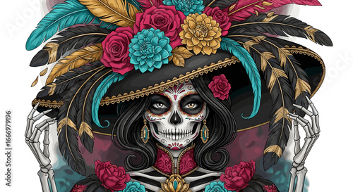 Elegant Skull Woman With Feathers Flowers And Ornate Hat