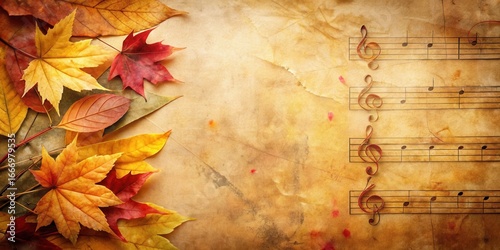 Autumnal Melody  Aged Paper Background with Colorful Leaves and Musical Treble Clefs