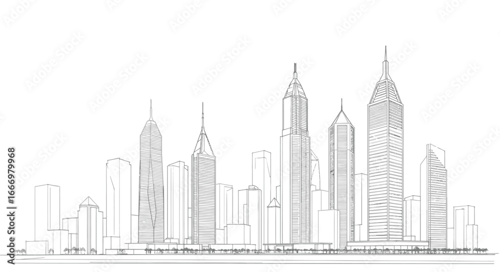 Naklejka premium Detailed Architectural Sketch of a Modern City Skyline Featuring Diverse Tall Buildings and Skyscrapers Showcasing Unique Designs and Heights Against a Clear Sky