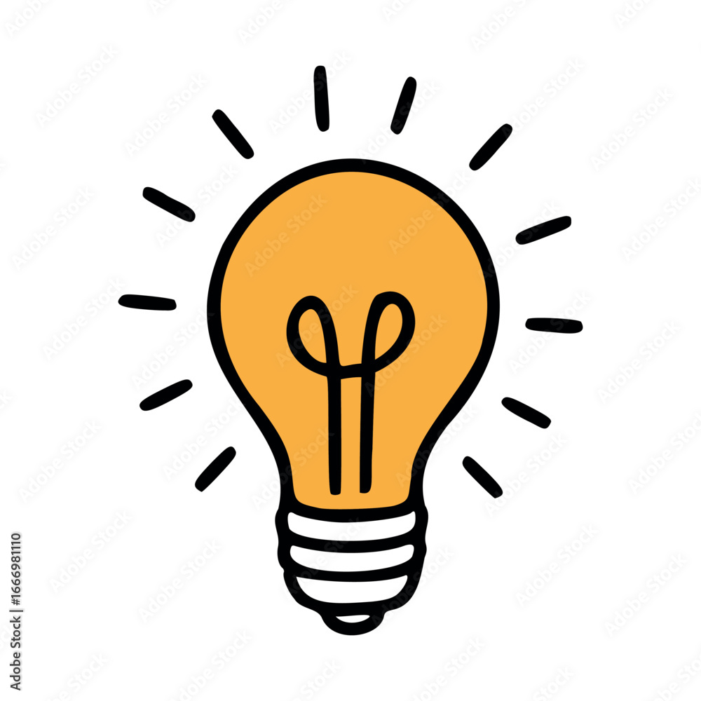 A simple illustration of a light bulb with rays emanating from it. The bulb is yellow with a classic design, symbolizing ideas and innovation. A simple illustration of a light bulb with rays emanating from it. The bulb is yellow with a classic design, symbolizing ideas and innovation.