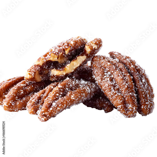 Delicious candied pecans on a dark background, a sweet and nutty treat