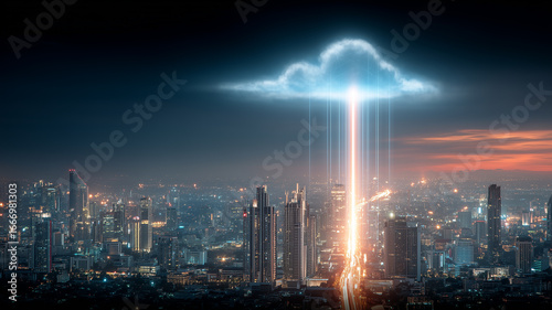 Wallpaper Mural Cloud connectivity transforming an urban skyline with streaming data beams, symbolizing scalable infrastructure, real time integration and digital transformation.
 Torontodigital.ca