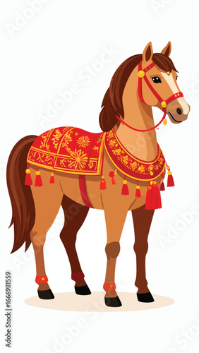 Cartoon horse standing, adorned with a red and gold decorative blanket and bridle, on a white background.