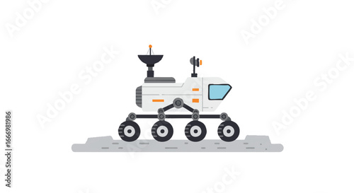 A detailed illustration of a space exploration rover with an antenna on a rocky alien surface, against a white background.