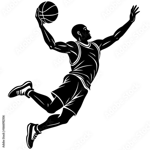 Dynamic Black and White Basketball Dunk Art