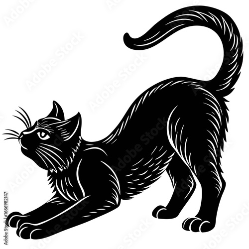 Playful Black and White Stretching Cat Art