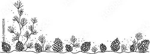 Hand drawn doodle border with spruce twigs and pine cones for nature-themed designs
