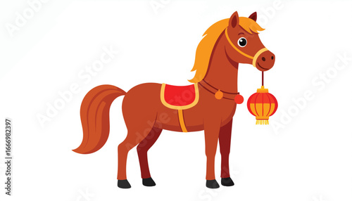 A cartoon horse with a red saddle and a lantern hanging from its bridle.