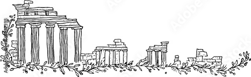 Hand drawn doodle of ancient temple ruins with decorative border design for art projects