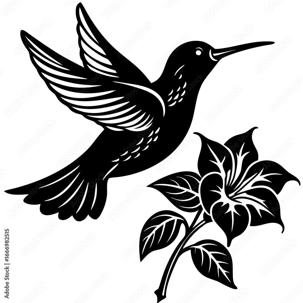 Fototapeta premium Hummingbird Hovering Over Flower Silhouette