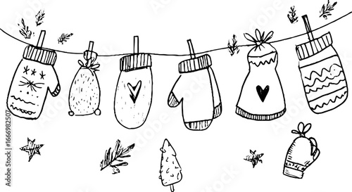 Whimsical hand drawn doodle of wool mittens and winter decorations for seasonal design