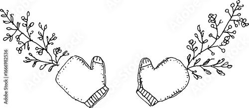 Hand drawn doodle of wool mitten border with floral design for creative projects