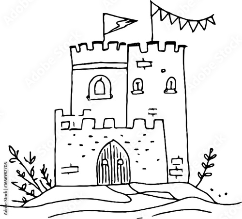 Hand-drawn doodle of castle turret corner with decorative flags - perfect for themed designs or children's illustrations