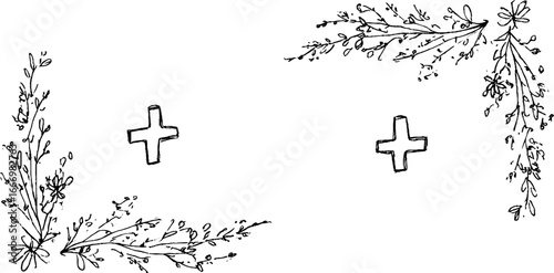 Hand drawn doodle corners with cross and floral curls for creative design