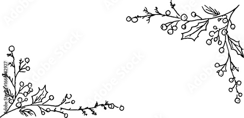 Hand drawn holly sprig doodle corners for festive design projects