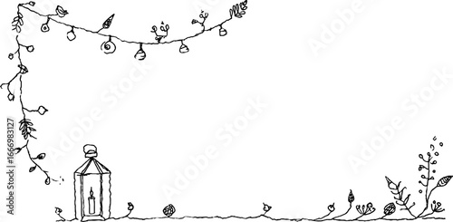 Hand drawn doodle lantern and floral corner design for creative projects