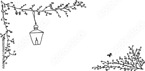 Whimsical lantern and floral vine corner design for decorative use