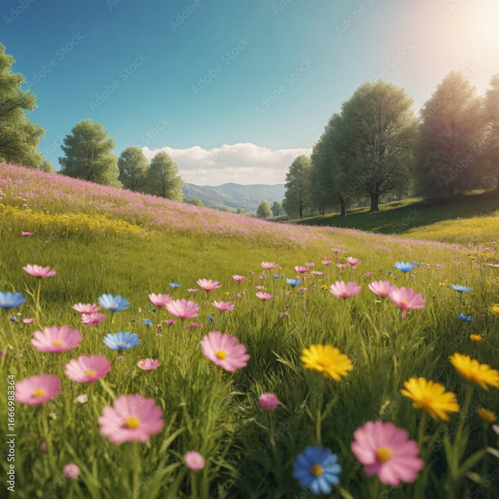 Fototapeta premium Colorful spring meadow with wildflowers and trees under sunlight in valley view, Generative AI