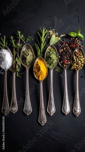 Vintage Spoons Filled with Assorted Herbs and Spices on Dark Background.