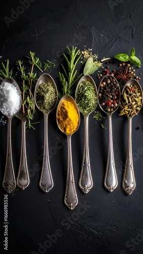 Fototapeta Vintage Spoons Filled with Assorted Herbs and Spices on Dark Background.