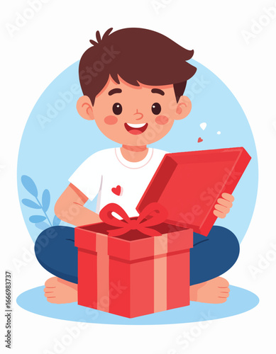 Cartoon boy happily opens a red gift box with a bow while sitting cross-legged.