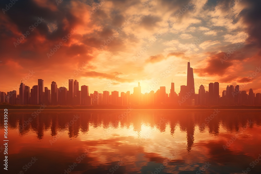 Fototapeta premium Modern City Skyline at Sunset in 8K | Panoramic Urban Cityscape with Skyscrapers, Golden Hour Architecture, Vibrant Downtown Horizon, Illuminated High-Rise Buildings