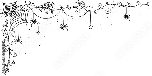 Hand drawn doodle corner with spider web and curl design for halloween decoration