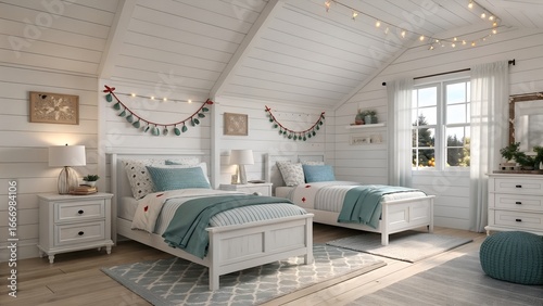 Photoreal Atlanta bungalow kids room in scandinavian design featuring window light at golden hour and polar white with dusk teal palette