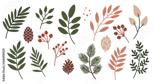 A beautiful collection of various autumn leaves pine cones and berries in a pleasing arrangement with earthy tones perfect for seasonal decorations and graphic design elements