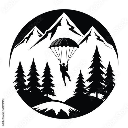 Black & White Parachutist Silhouette Flying Above Mountain and Evergreen Tree Landscape Illustration