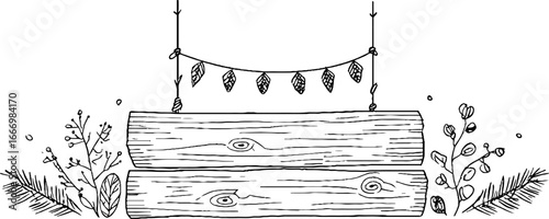 Rustic woodland hand drawn doodle scene with stacked log boards and botanical elements
