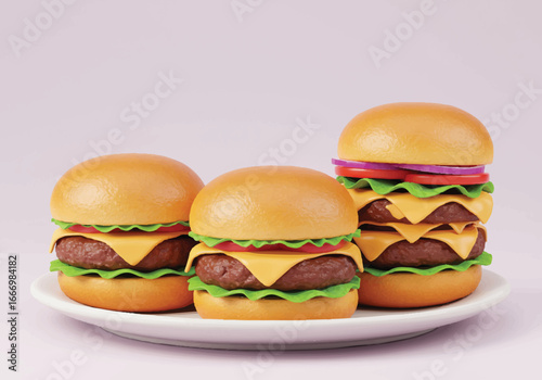 Three delicious cheeseburgers with fresh ingredients stacked on a white plate.