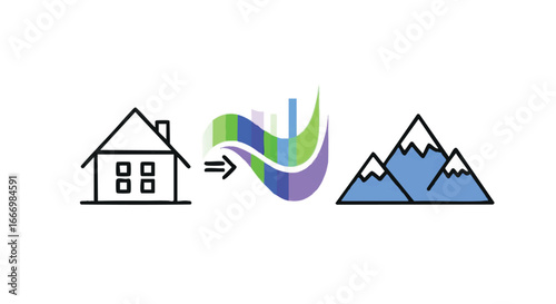 House to mountains graphic: home moving to nature, real estate concept.
