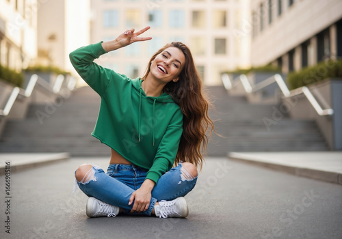 Happy woman in green hoodie and ripped jeans sitting cross-legged making peace sign on urban steps. Casual streetwear and youth fashion campaigns