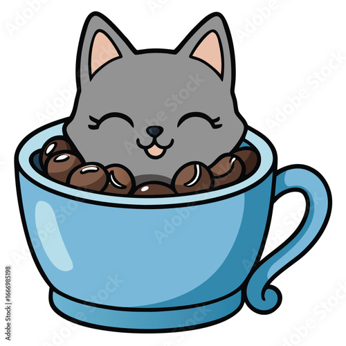 Cute Kawaii Cat Enjoying Coffee Beans in Blue Cup