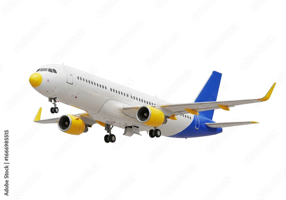 Obraz premium Modern commercial airliner with blue and yellow accents ascending during daytime with clear skies transparent background