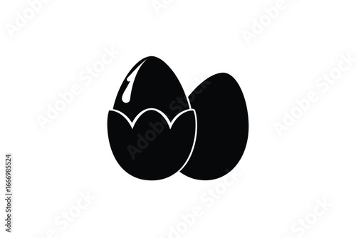 Simple black and white illustration of two eggs one whole and one cracked open silhouette